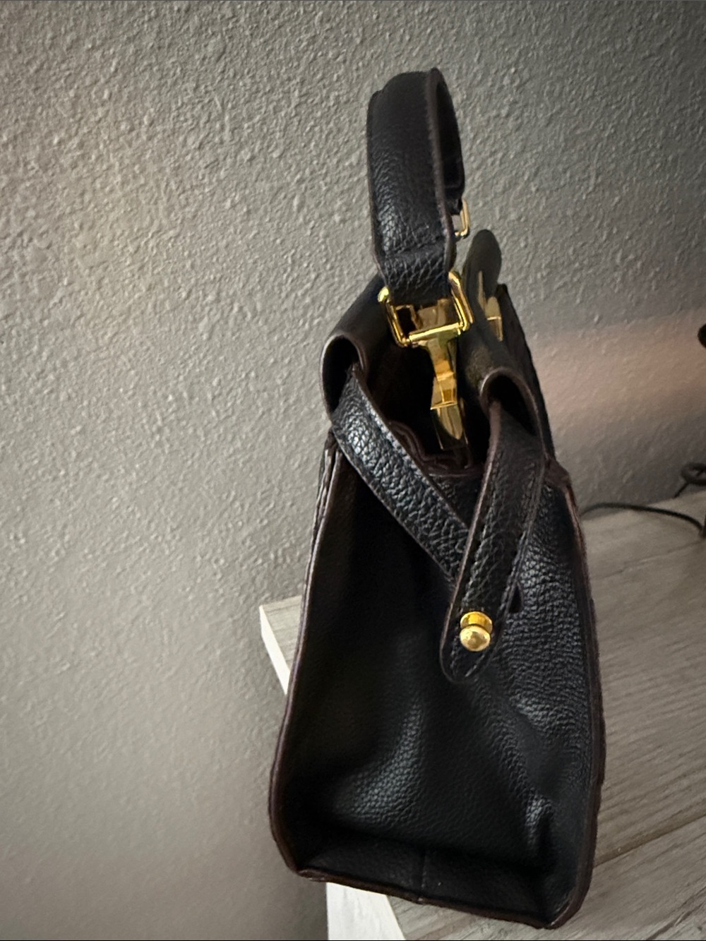 Source Unknown Dark Brown Pebbled Leather Top-Handle Satchel with Gold Hardware